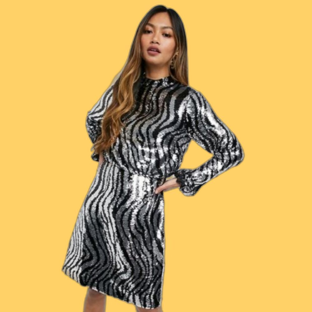 TED BAKER Sequin Mini Dress Animal Striped Print Mock Neck LS Silver Sz 0-2 / XS - Picture 14 of 16